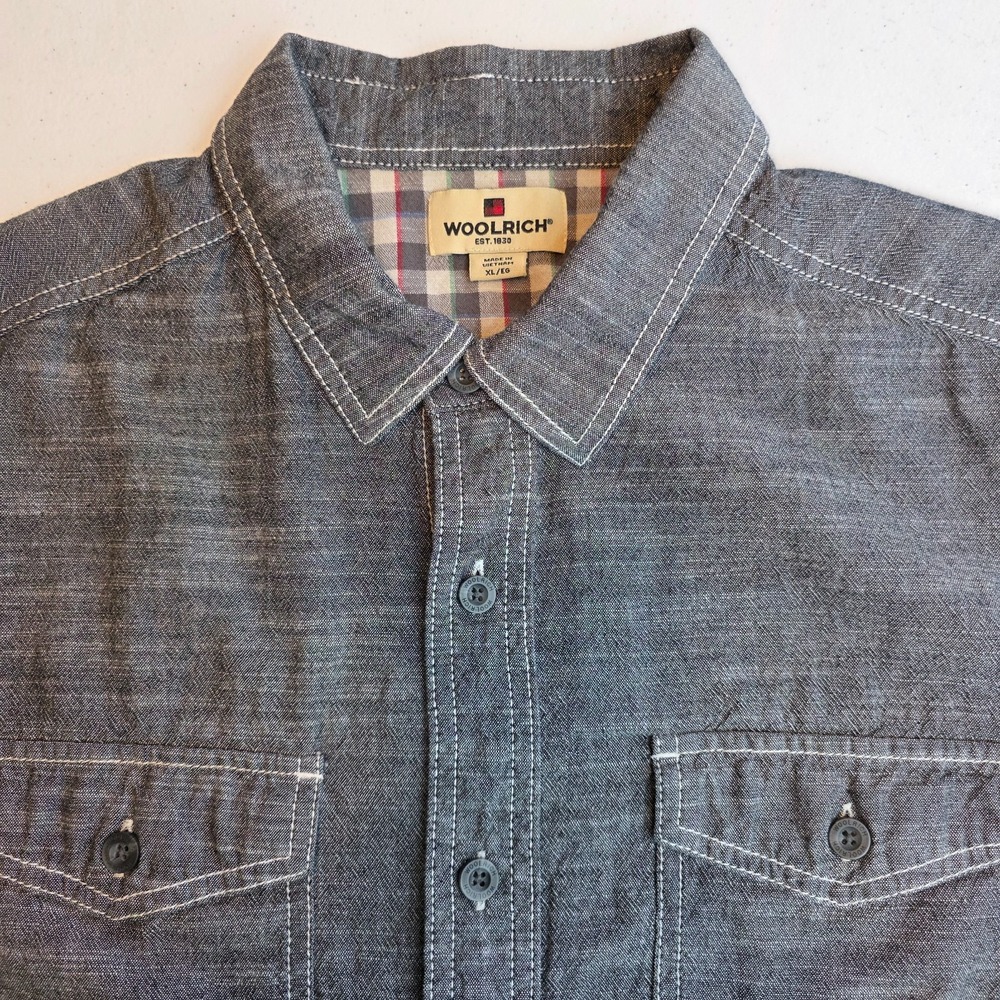 Woolrich Mens Black Chambray Short Sleeve Button Down Shirt Cotton XL